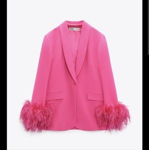 Zara pink ostrich feather fluffy sleeve cuff jacket blazer